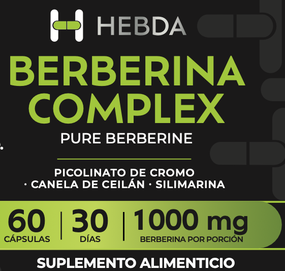 Etiqueta de Hebda Berberina Complex Pure Berberine con picolinato de cromo, canela de Ceilán y silimarina. 60 cápsulas, 30 días, 1000 mg de berberina por porción. Suplemento alimenticio.