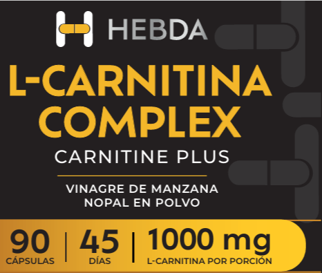 Etiqueta de Hebda L-Carnitina Complex Carnitine Plus con vinagre de manzana y nopal en polvo. 90 cápsulas, 45 días, 1000 mg de L-carnitina por porción.