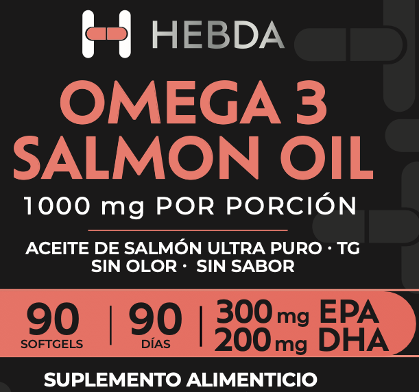 Etiqueta de Hebda Omega 3 Salmon Oil: 1000 mg por porción, aceite de salmón ultra puro TG, sin olor y sin sabor. 90 softgels, 90 días, 300 mg EPA y 200 mg DHA. Suplemento alimenticio.